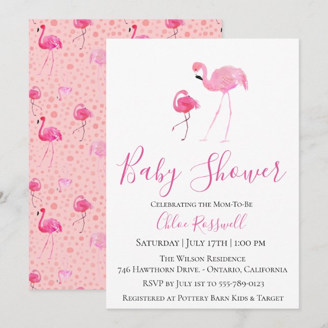 Invitación de Baby Shower a Flamingo Rosa (Anverso / Reverso)