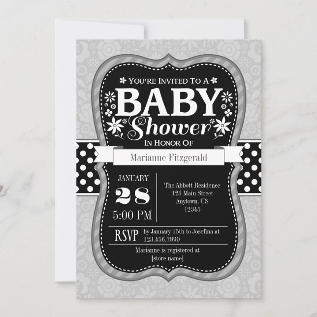 Invitación de Baby Shower a Flor Floral Gris Negra (Anverso)