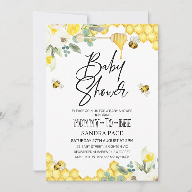Invitación de Baby Shower a Floral Bumble Bee Temá (Anverso)