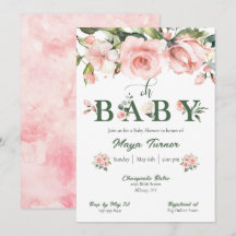 Invitación de Baby Shower a Floral y Verde Rosa