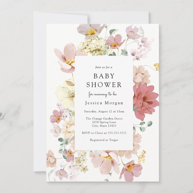 Invitación de Baby Shower a flores rosadas floreci (Anverso)