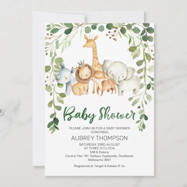 Invitación de Baby Shower A Foliage Y Safari Anima (Anverso)