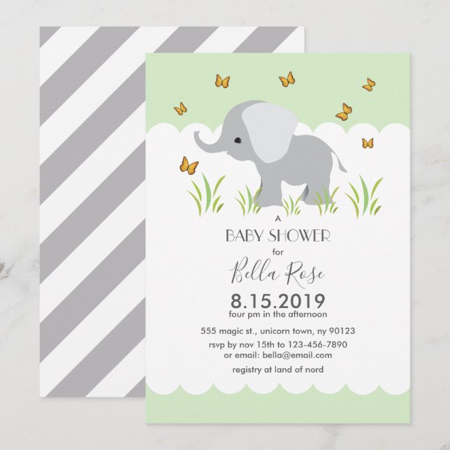 Invitación de Baby Shower a franjas grises elefant (Anverso / Reverso)