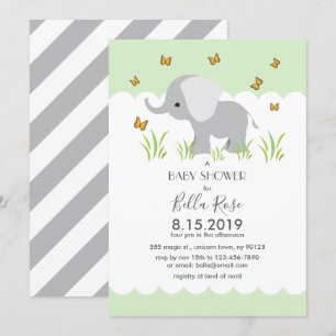 Invitación de Baby Shower a franjas grises elefant