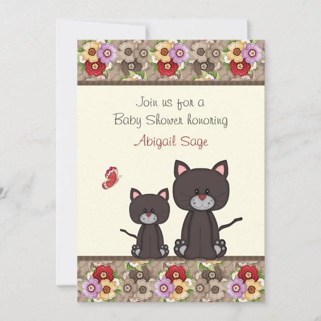 Invitación de Baby Shower a gatos y flores para Ch (Anverso)
