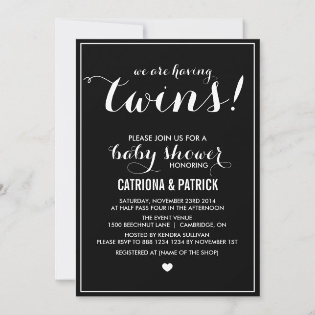 Invitación de Baby Shower a gemelos de guiones bla (Anverso)