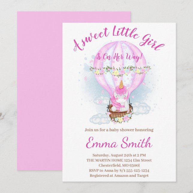 Invitación de Baby Shower a globo aerostático Flor (Anverso / Reverso)