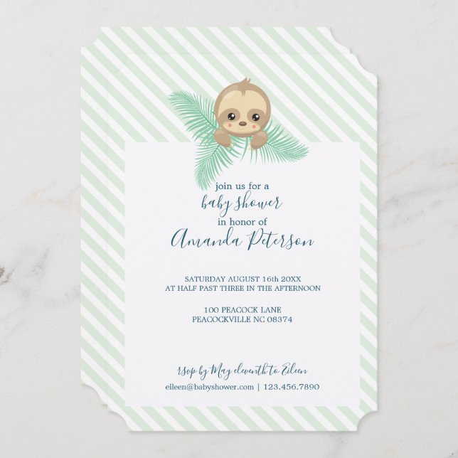 Invitación de Baby Shower a Green Happy Baby Sloth (Anverso / Reverso)