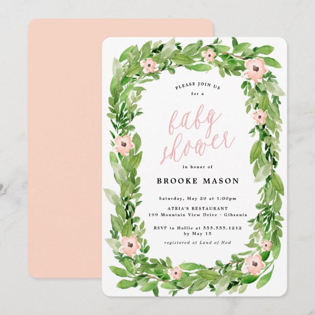 Invitación de Baby Shower a Green Wreath Spring (Anverso / Reverso)