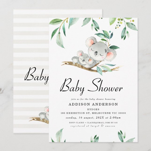 Invitación de Baby Shower A Koala Bear Y Foliage (Anverso / Reverso)