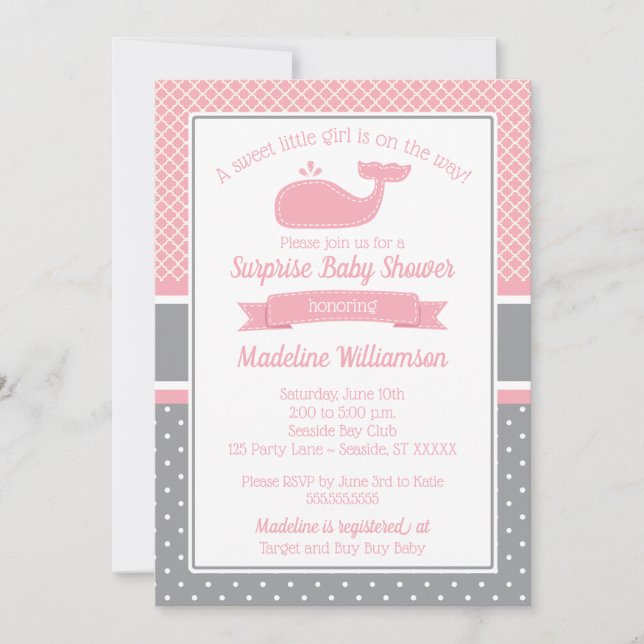 Invitación de Baby Shower a la ballena rosa preppy (Anverso)