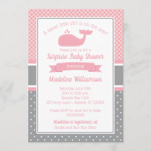 Invitación de Baby Shower a la ballena rosa preppy