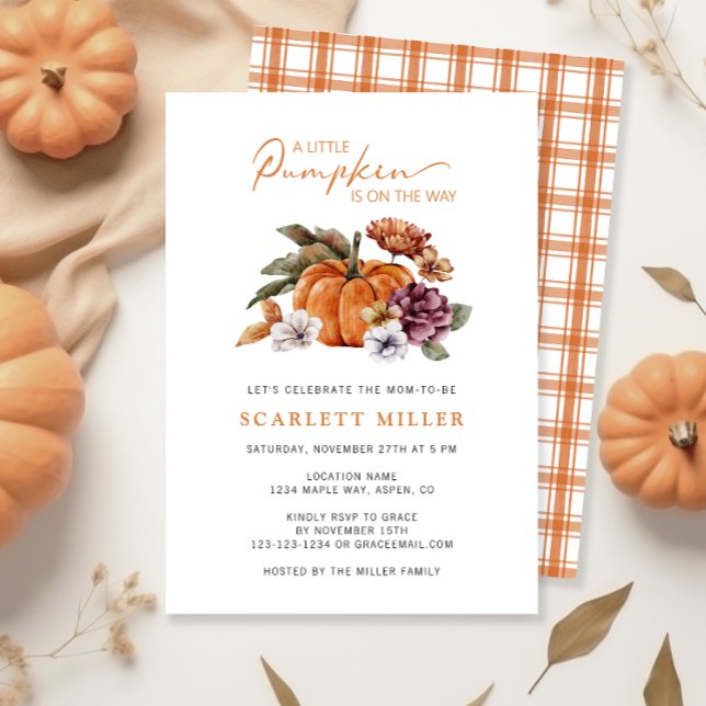 Invitación de Baby Shower a la caída de calabaza (A Little Pumpkin Is On The Way Baby Shower Invitation Fall Autumn Watercolor Floral)