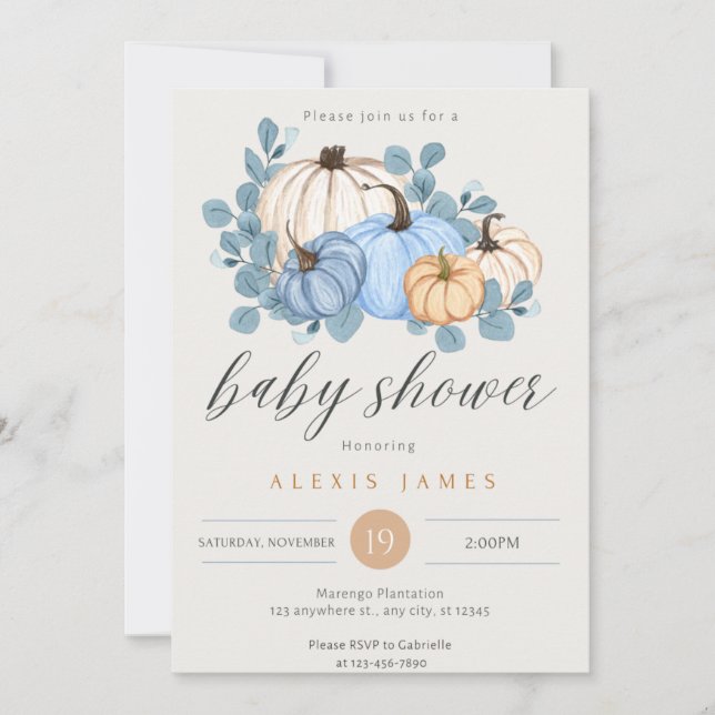 Invitación de Baby Shower a la Calabaza Azul otoño (Anverso)
