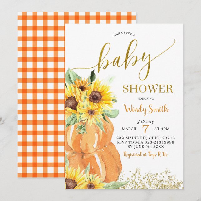 Invitación de Baby Shower a la Calabaza de Giro Ca (Anverso / Reverso)