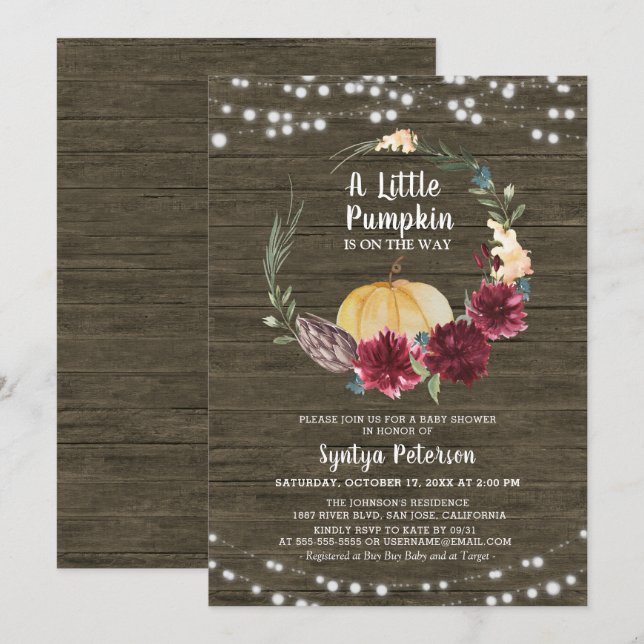 Invitación de Baby Shower a la calabaza de madera  (Anverso / Reverso)