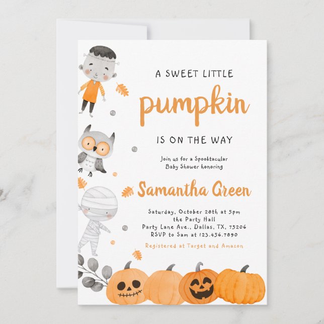 Invitación de Baby Shower a la calabaza de niño pe (Anverso)
