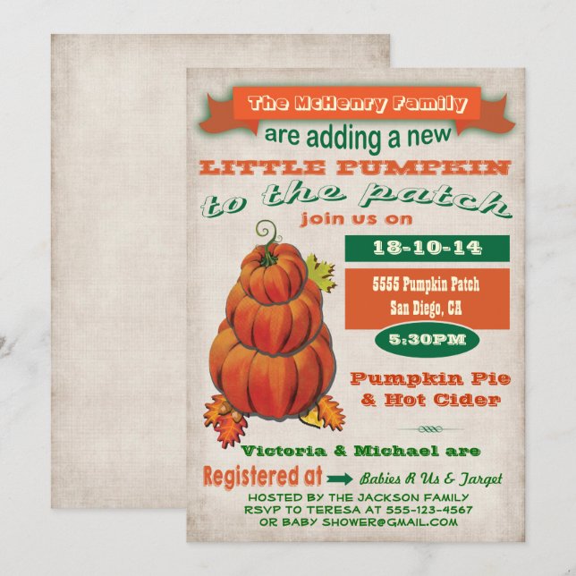 Invitación de Baby Shower a la calabaza en otoño (Anverso / Reverso)
