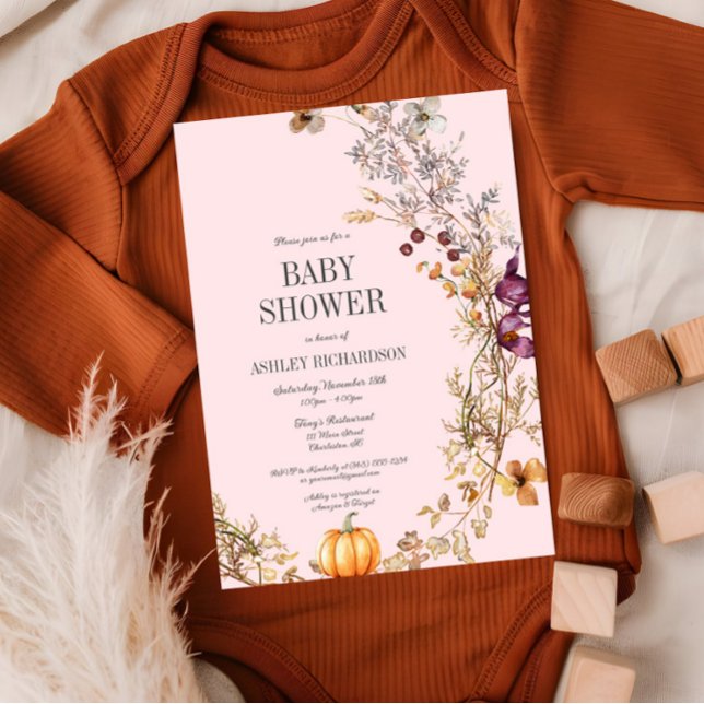 Invitación de Baby Shower a la Calabaza Floral Caí (Fall Floral Pumpkin Baby Shower Invitation, Pink Baby Girl Shower, Autumn Wildflowers)