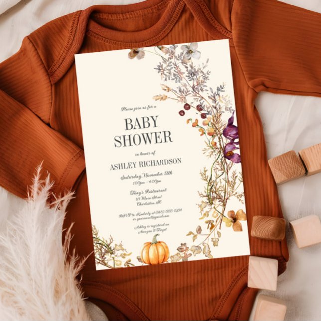 Invitación de Baby Shower a la Calabaza Floral Caí (Fall Wildflower Baby Shower Invitation, Pumpkin Invite, Mustard Yellow, Ivory, Autumn)