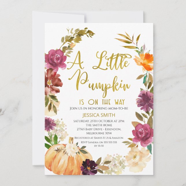 Invitación de Baby Shower a la Calabaza Floral de  (Anverso)