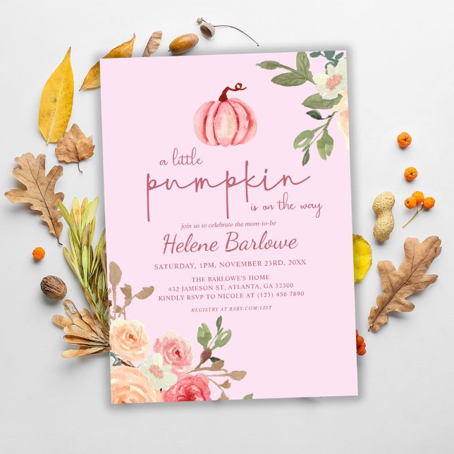 Invitación de Baby Shower a la calabaza floral ros (Pink Floral Little Pumpkin Baby Shower Invitation)