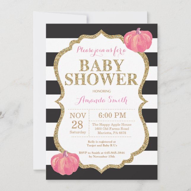 Invitación de Baby Shower a la calabaza negra rosa (Anverso)