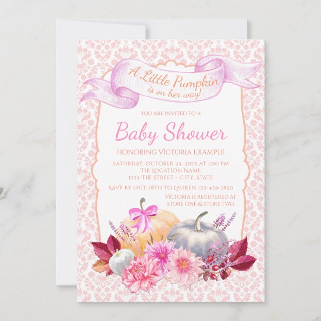 Invitación de Baby Shower a la calabaza rosada peq (Anverso)