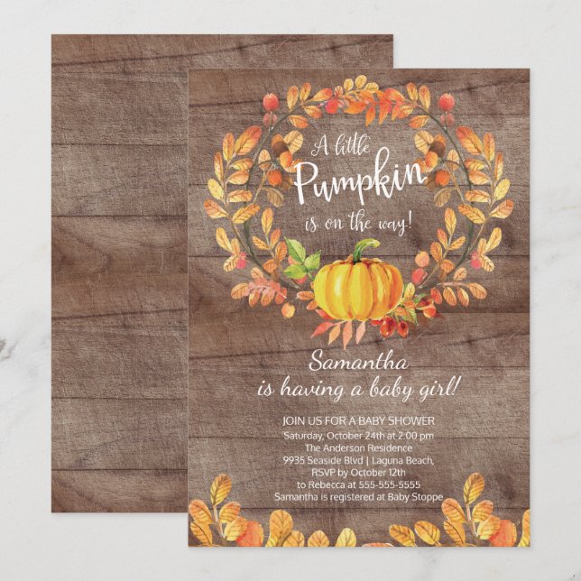 Invitación de Baby Shower a la calabaza Rustica (Anverso / Reverso)