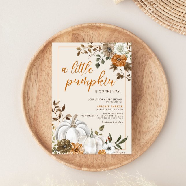 Invitación de Baby Shower a la Calabaza Rustica Fl (Fall Rustic Floral Pumpkin Baby Shower Invitation, Rust and Burnt orange floral invite)