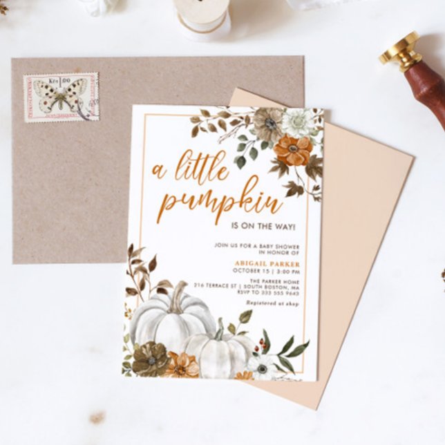 Invitación de Baby Shower a la Calabaza Rustica Fl (Fall Rustic Floral Pumpkin Baby Shower Invite)