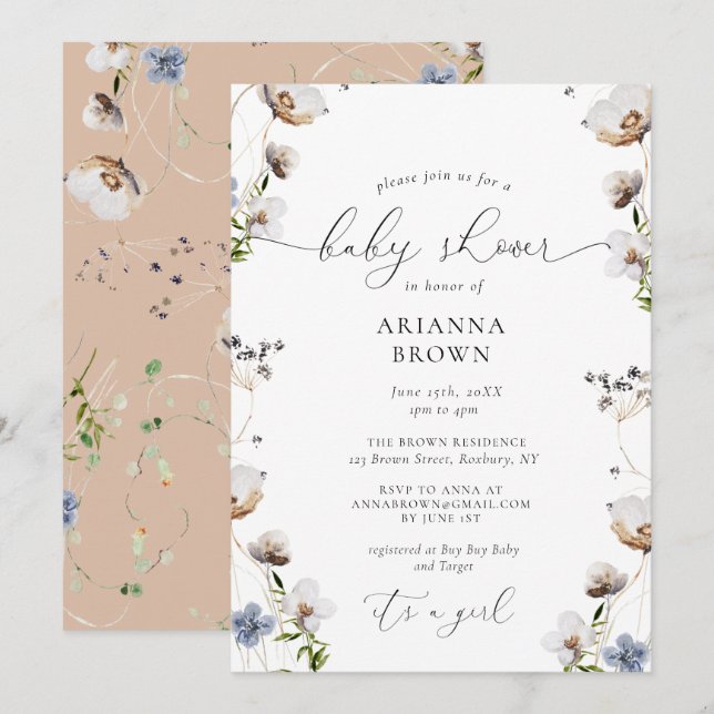 Invitación de Baby Shower a la caligrafía de flor  (Anverso / Reverso)