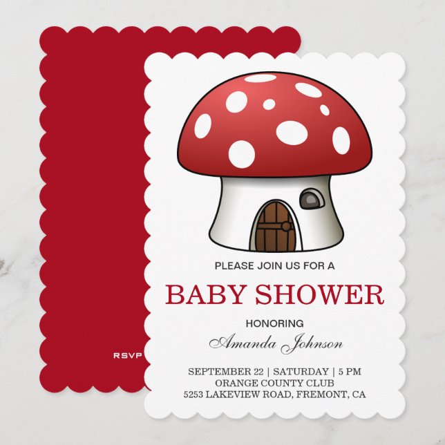 Invitación de Baby Shower a la casa de hongos rojo (Anverso / Reverso)