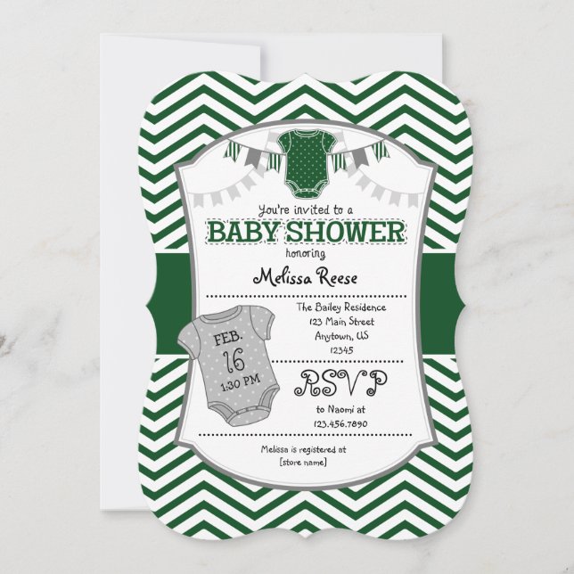 Invitación de Baby Shower a la Chevron gris verde  (Anverso)