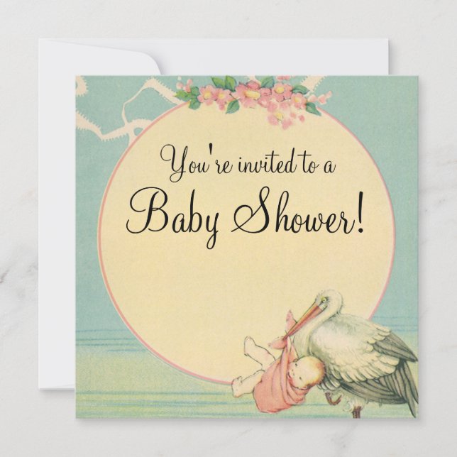 Invitación de Baby Shower a la cigüeña de época Ba (Anverso)