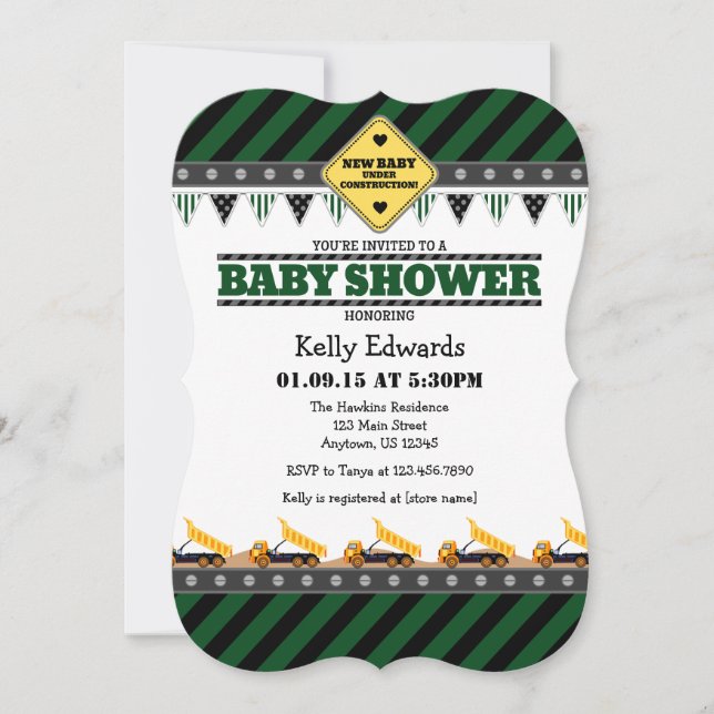 Invitación de Baby Shower a la construcción verde  (Anverso)
