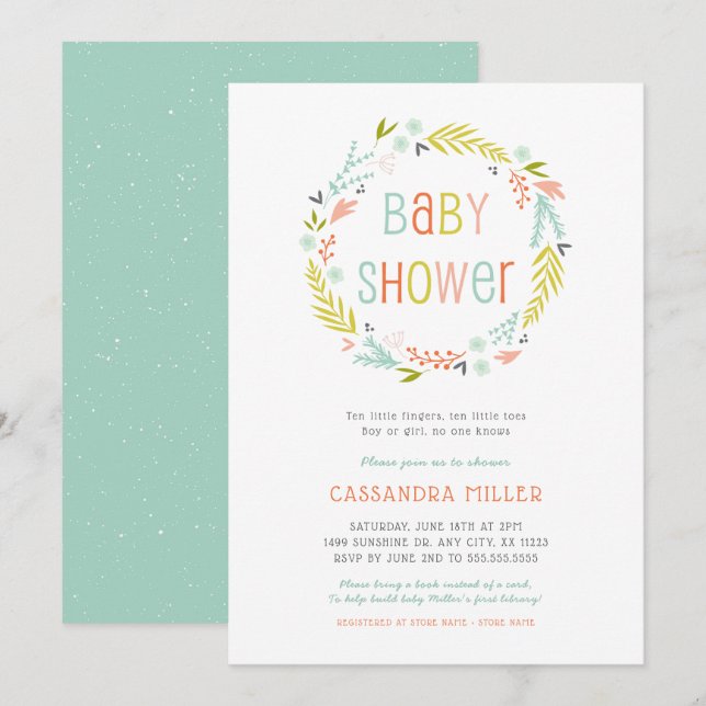 Invitación de Baby Shower a la corona de primavera (Anverso / Reverso)