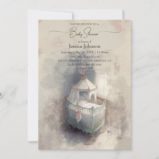 Invitación de Baby Shower a la cuna de bebé Shabby (Anverso)