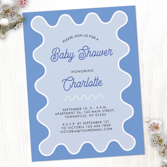 Invitación de Baby Shower a la curva azul retro (Retro modern wavy curve blue personalized baby shower invitation postcard)