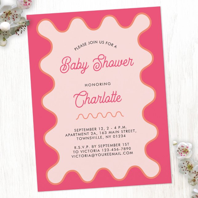 Invitación de Baby Shower a la curva rosa de ondul (Retro pink wavy curve modern personalized baby shower invitation postcard)