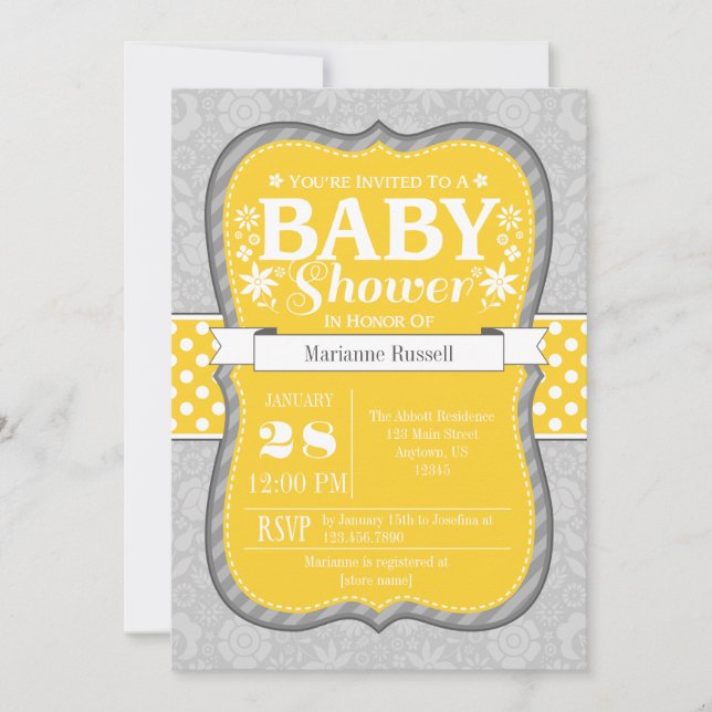 Invitación de Baby Shower a la flor floral gris am (Anverso)