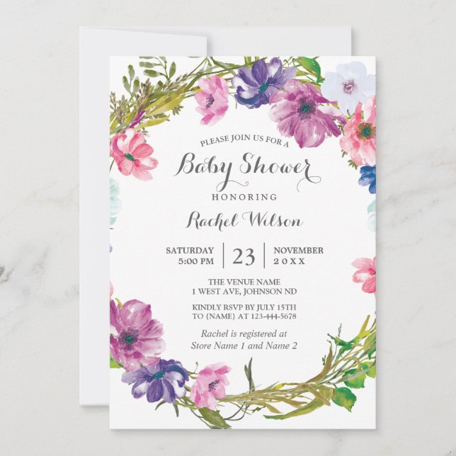 Invitación de Baby Shower a la flor morada rosada (Anverso)