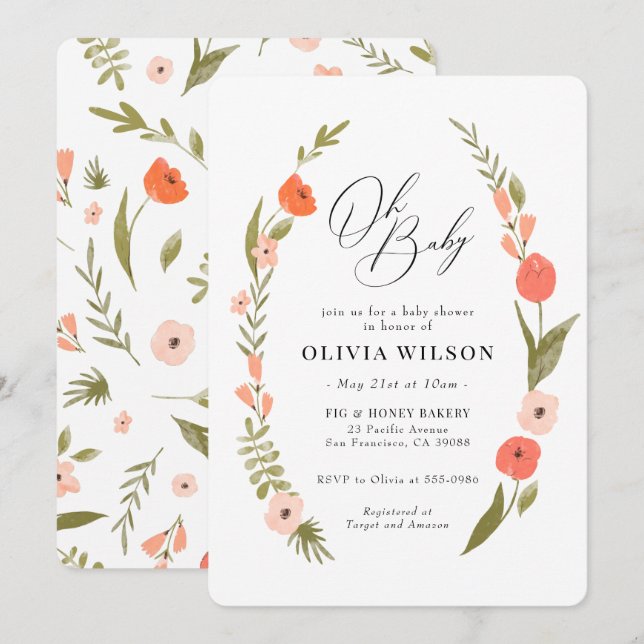 Invitación de Baby Shower a la flor verde rosa Wre (Anverso / Reverso)