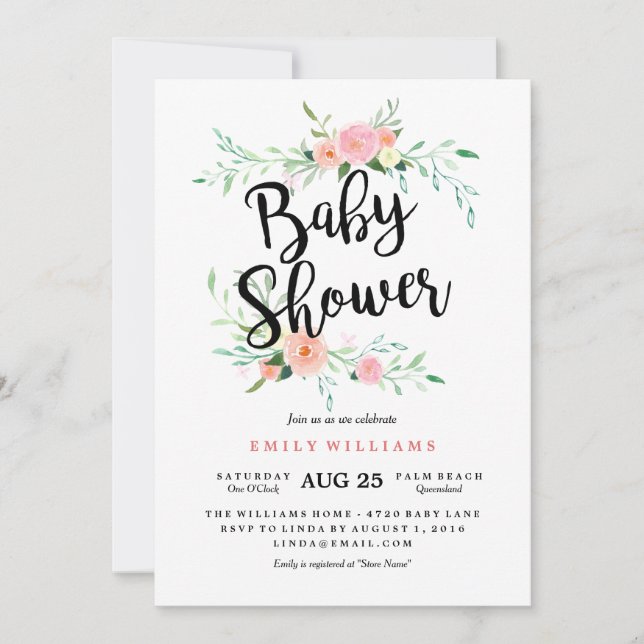 Invitación de Baby Shower a la floración rosa mode (Anverso)