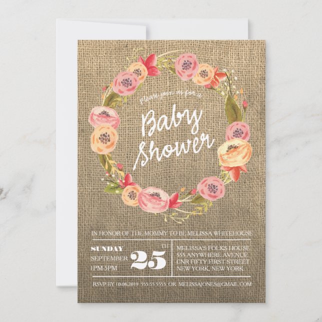Invitación de Baby Shower a la floral de Burlap rú (Anverso)