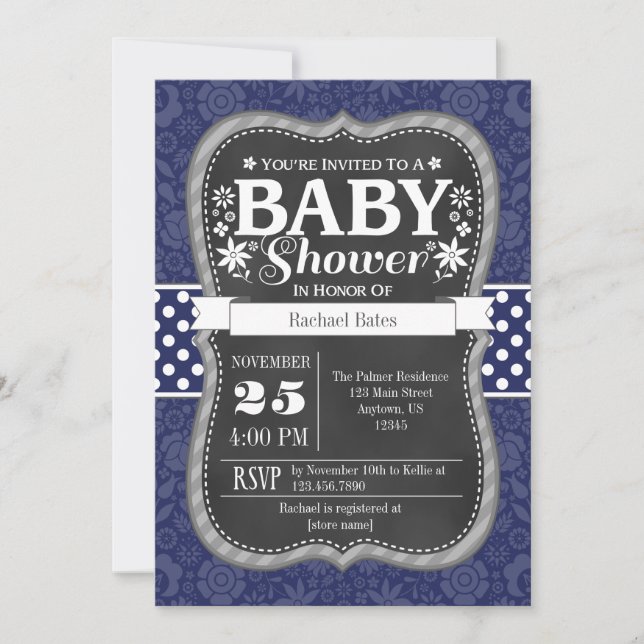 Invitación de Baby Shower a la floral Navy Blue Ch (Anverso)