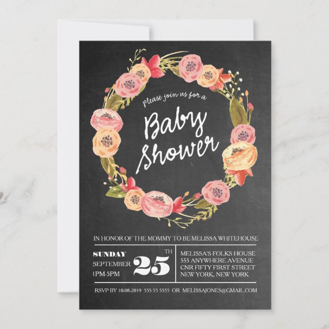 Invitación de Baby Shower a la floral Rustic Chalk (Anverso)