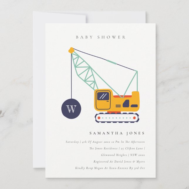 Invitación de Baby Shower a la grúa de la construc (Anverso)