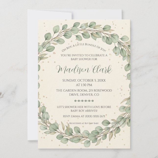 Invitación de Baby Shower a la guerra de eucalipto (Anverso)