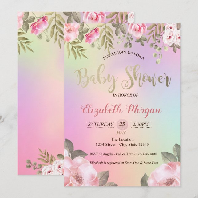 Invitación de Baby Shower a la Holografía Floral A (Anverso / Reverso)